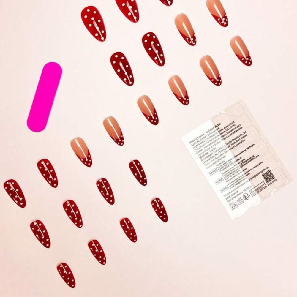 24pcs/Set Red French Tip White Polka Dot Almond Shaped Press-On Nails, Y2K Wear - Picture 3 of 4